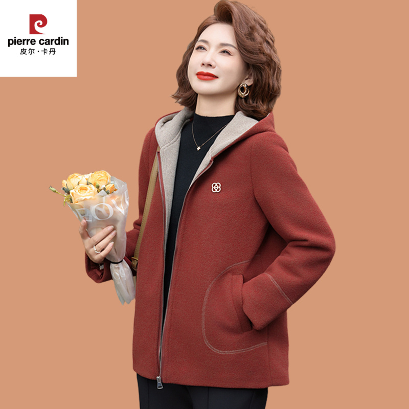皮尔卡丹中年妈妈春秋新款仿仿水貂绒短外套中老年女装高贵洋气休