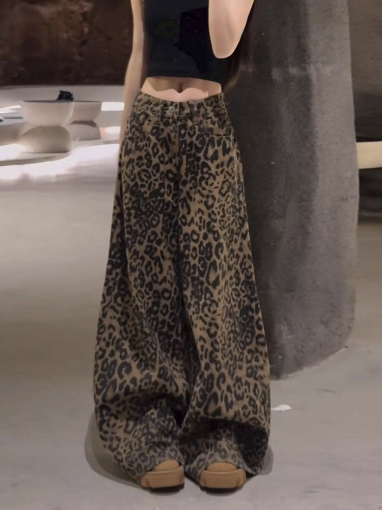 美式复古豹纹阔腿牛仔裤女秋冬款2025新款高街显瘦宽松直筒拖地裤