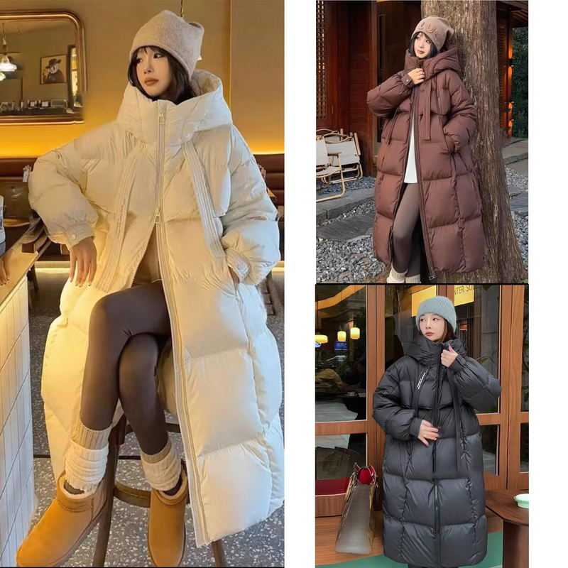 冬季新款飘带长款连帽T1鸭绒过膝百搭宽松时尚女士保暖羽绒服