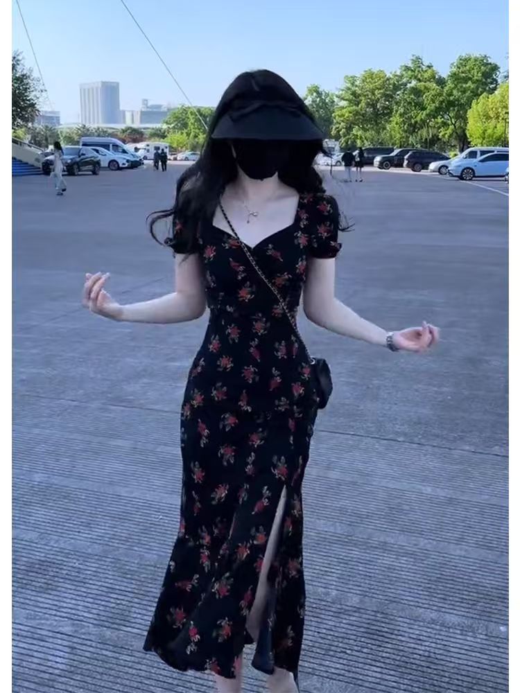 夏季新款宴会法式风情万种高端气质显瘦黑色碎花包臀鱼尾连衣裙女