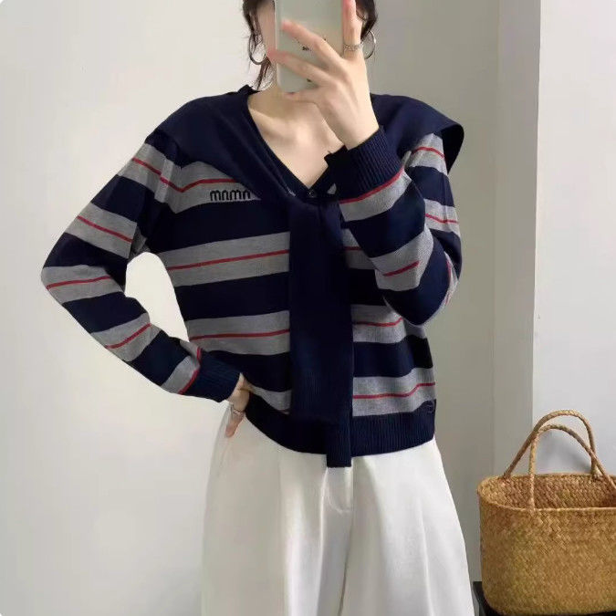 大码遮肚条纹长袖上衣带披肩V领针织衫开衫毛衣打底衫洋气显瘦秋