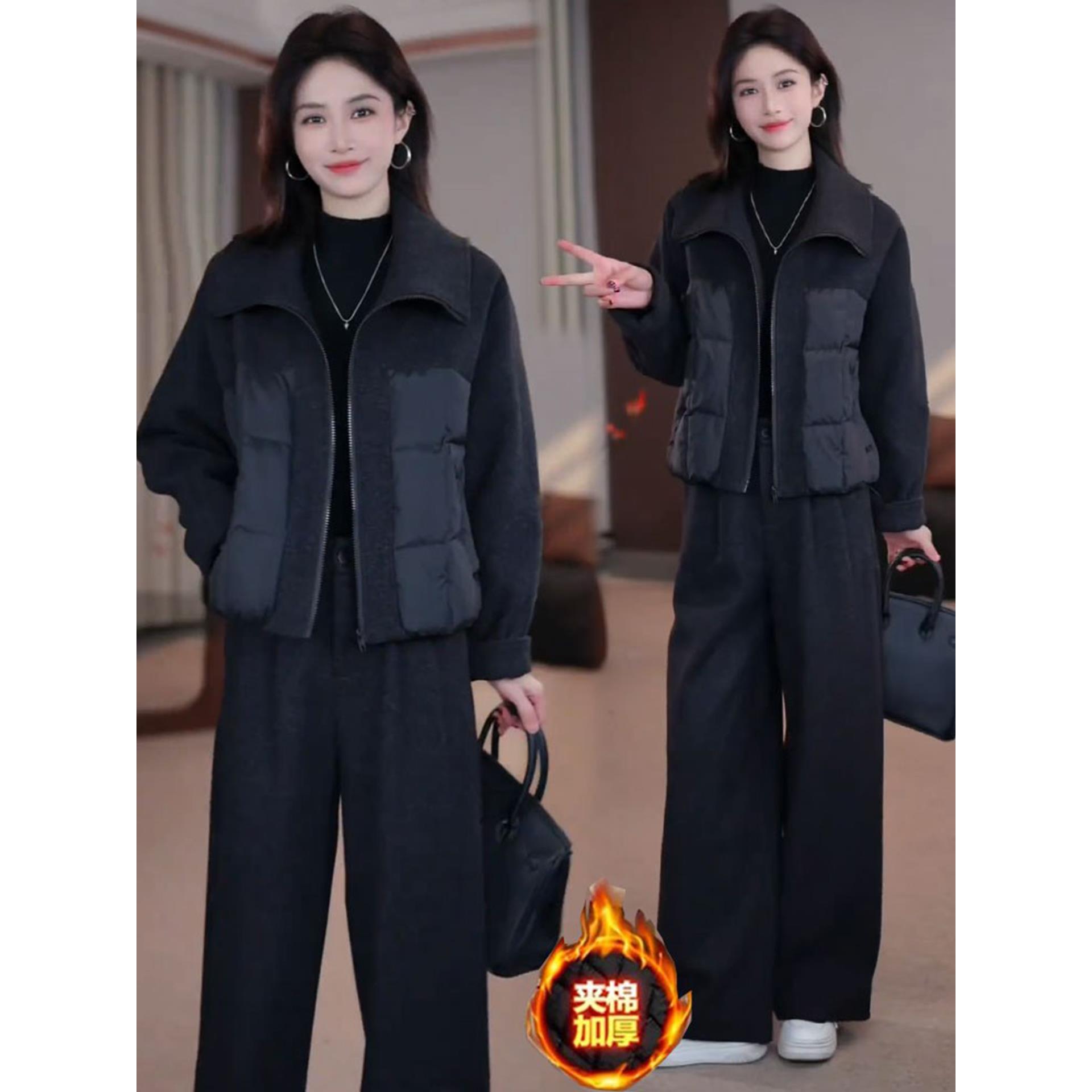 时尚套装女2025冬季新款毛呢拼接翻领夹棉加厚短外套阔腿裤两件套