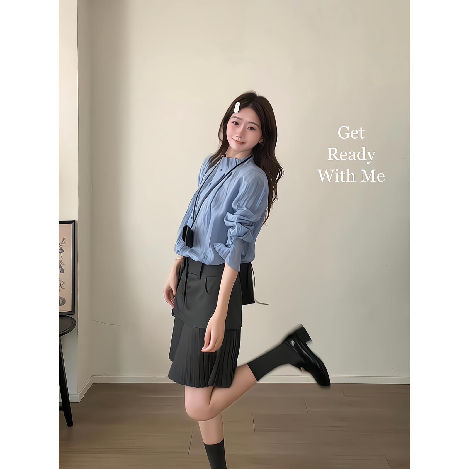 parkyeon法式立领通勤气质宽松长袖衬衫格纹拼接百褶半身裙短裙女