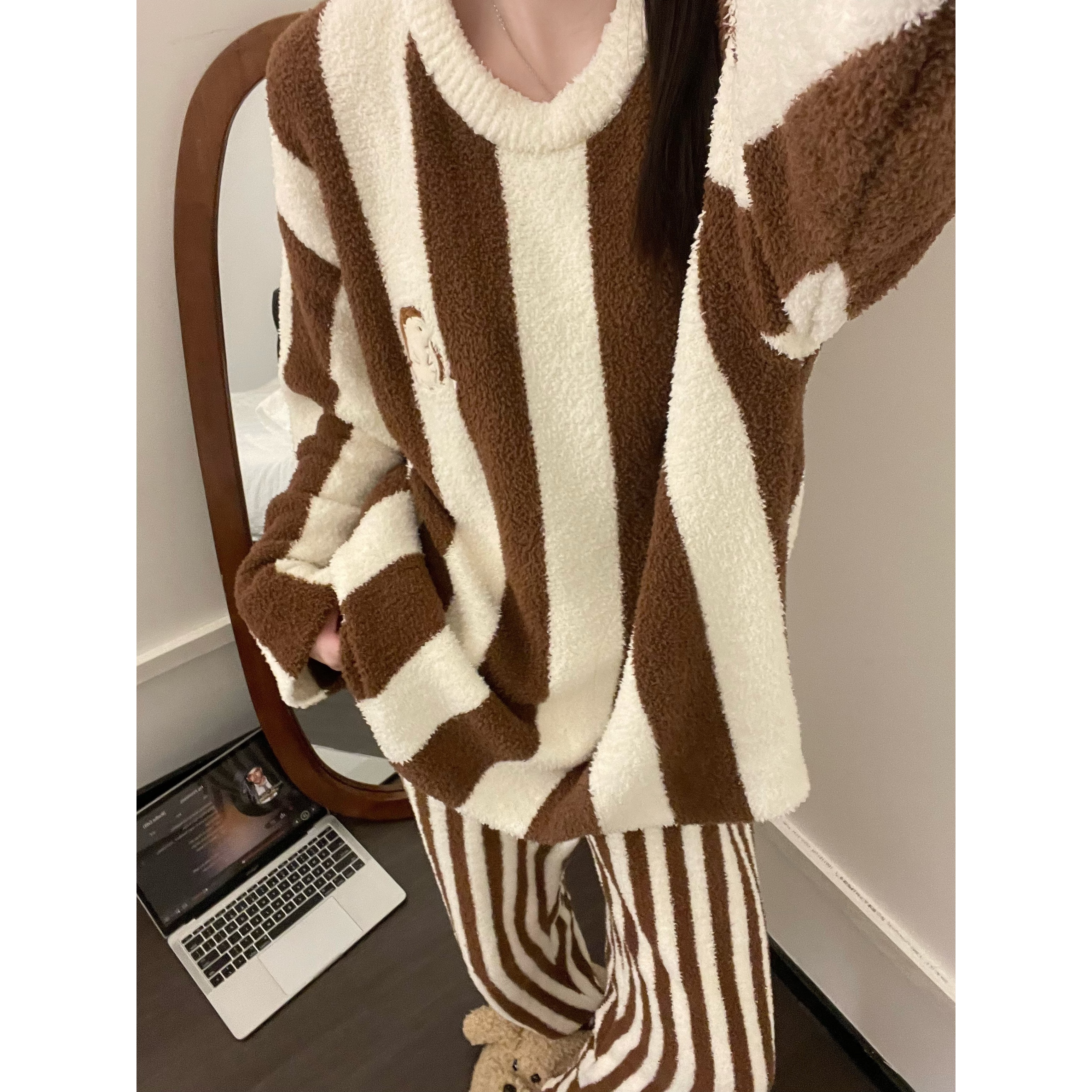 简约慵懒风条纹半边绒开衫睡衣女秋冬新款保暖宽松休闲家居服套装