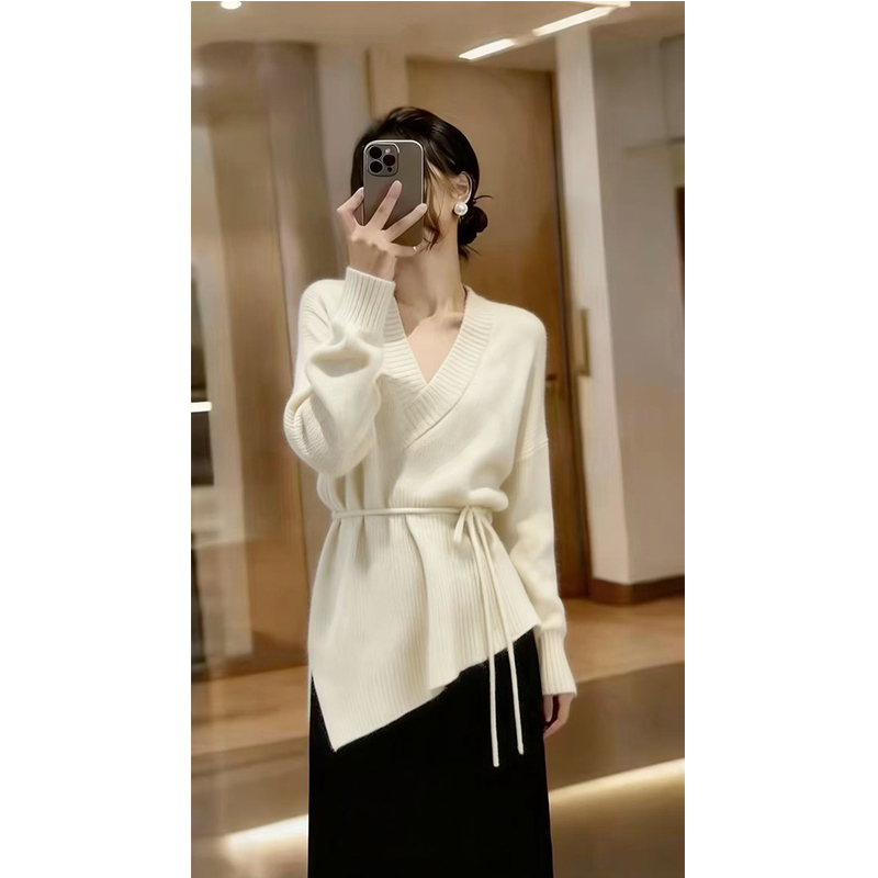 高级感法式奶白色不规则收腰长袖针织上衣显瘦小众百搭上衣潮