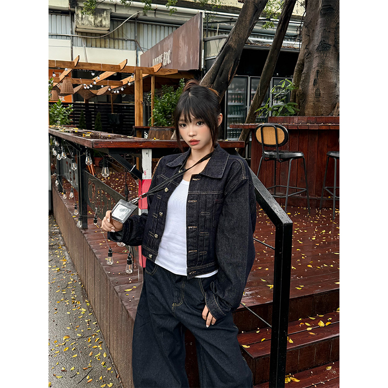 克林菲美式复古原色短款牛仔外套女秋设计感小众宽松百搭夹克上衣
