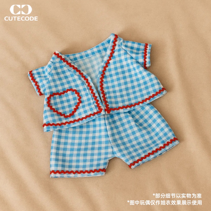 蓝白格纹撞色短袖套装日式蒸汽复古邦尼兔拉布布棉花娃娃衣服