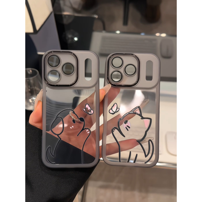 线条猫咪小狗适用苹果17pro手机壳16PM金属镜框华为p荣耀oppo小米