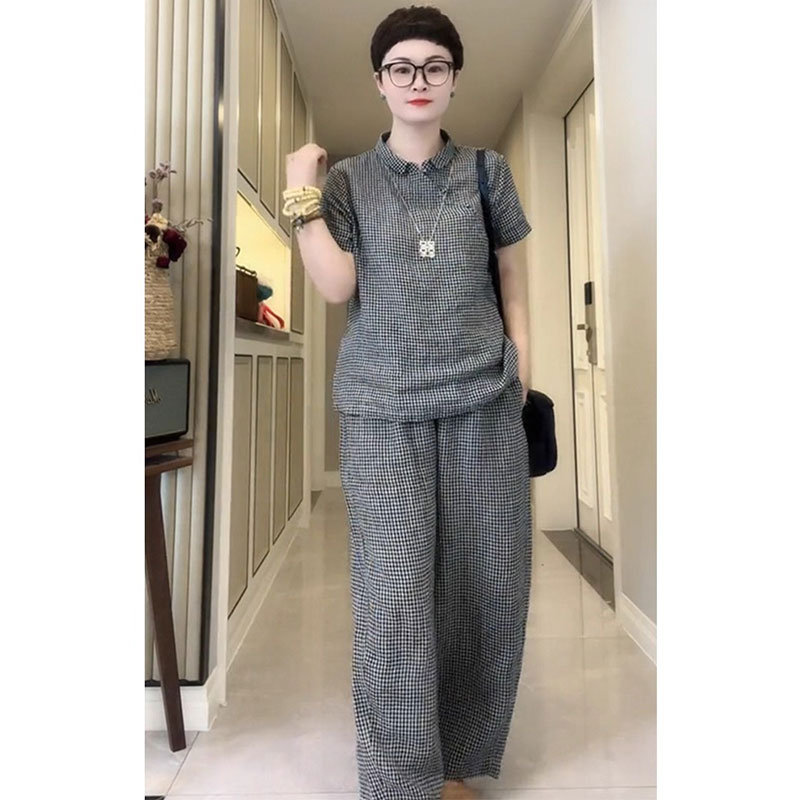 欧洲站2025夏季新款韩系百搭休闲翻领短袖上衣高腰阔腿裤格子套装