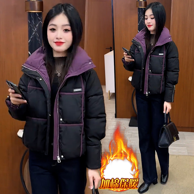 时尚休闲百搭立领加厚棉服女2025年冬季韩版宽松保暖撞色短款外套