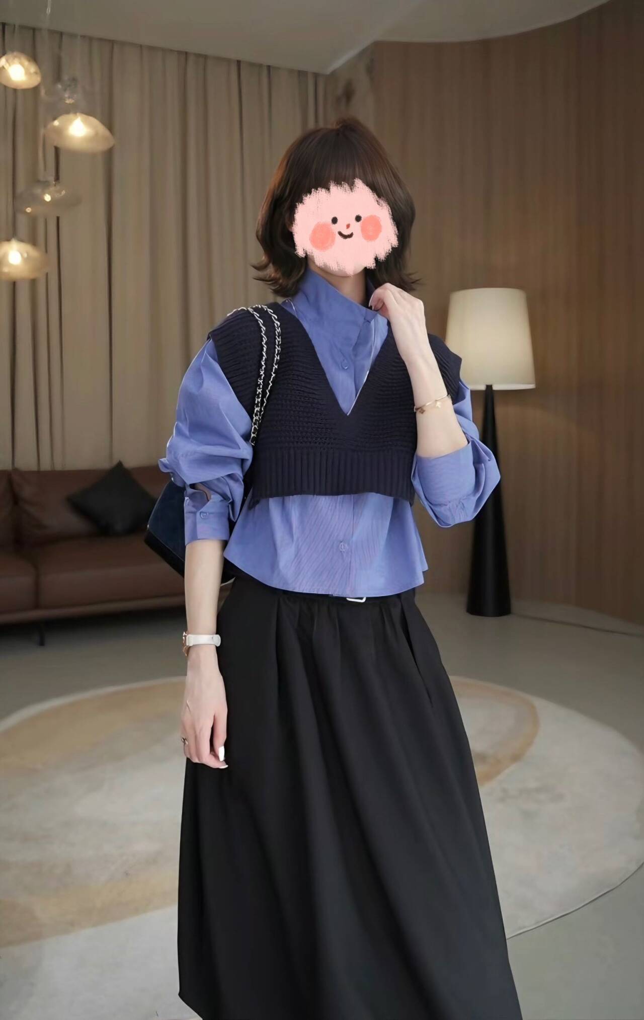 复古时尚法式套装女秋季2025新款针织马甲背心立领长袖衬衫半身裙