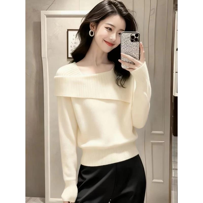 【万达撤柜】正品哥家新款2025秋冬季纯欲气质一字肩羊毛针织衫设计