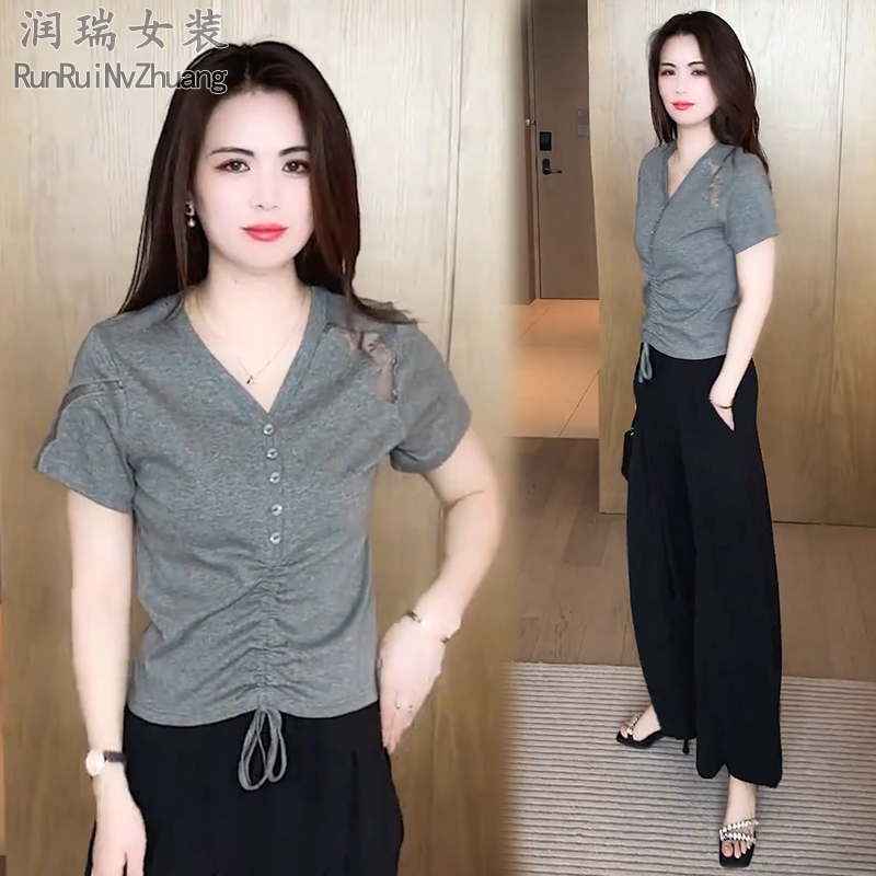 镂空褶皱T恤时尚套装女2025夏季新款洋气V领短袖阔腿裤气质两件套