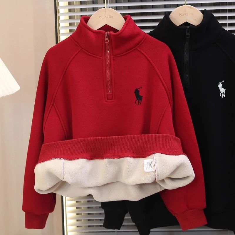 男童冬季加绒红色卫衣喜庆年服儿童半拉链上衣加厚保暖2025新款潮