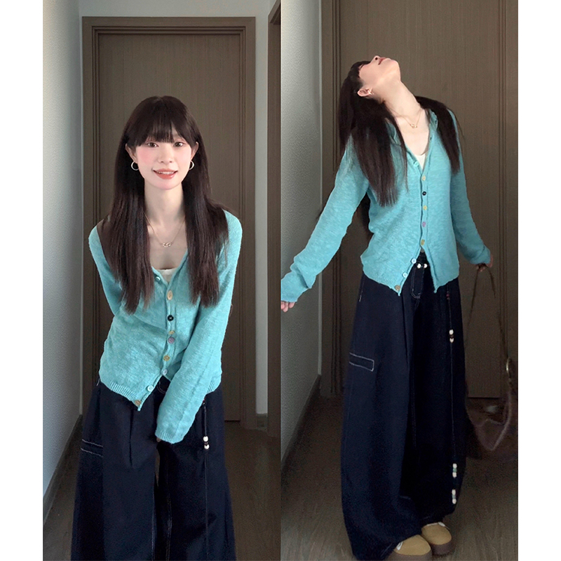 parkyeon设计感彩扣长袖针织衫上衣女秋季新款高腰阔腿休闲裤套装