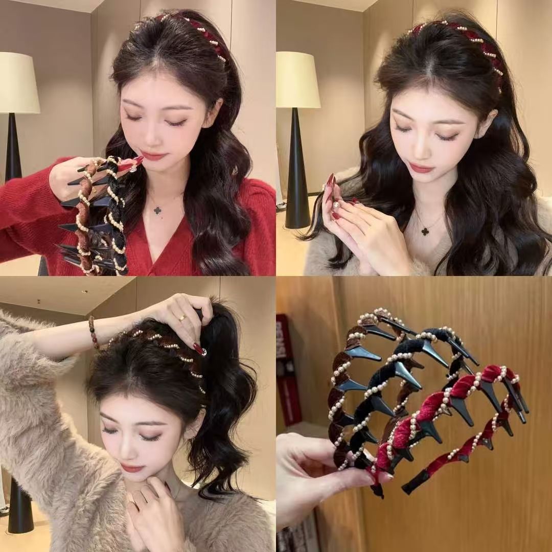 复古丝绒波浪发箍珠珠春夏洗脸防滑整理发卡高颅头箍蓬松