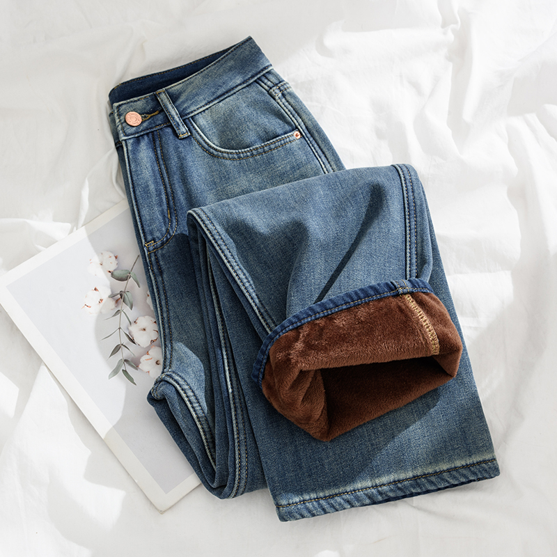 浅蓝水洗加绒窄版阔腿牛仔裤女2025秋冬加厚高腰宽松显瘦直筒裤子