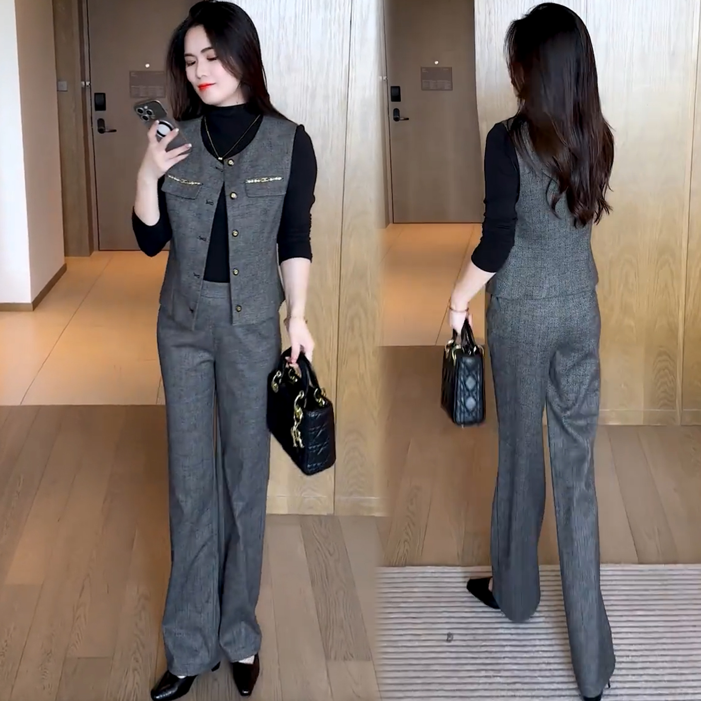 灰色休闲套装女2025秋季新款洋气显瘦马甲长袖打底衫阔腿裤三件套