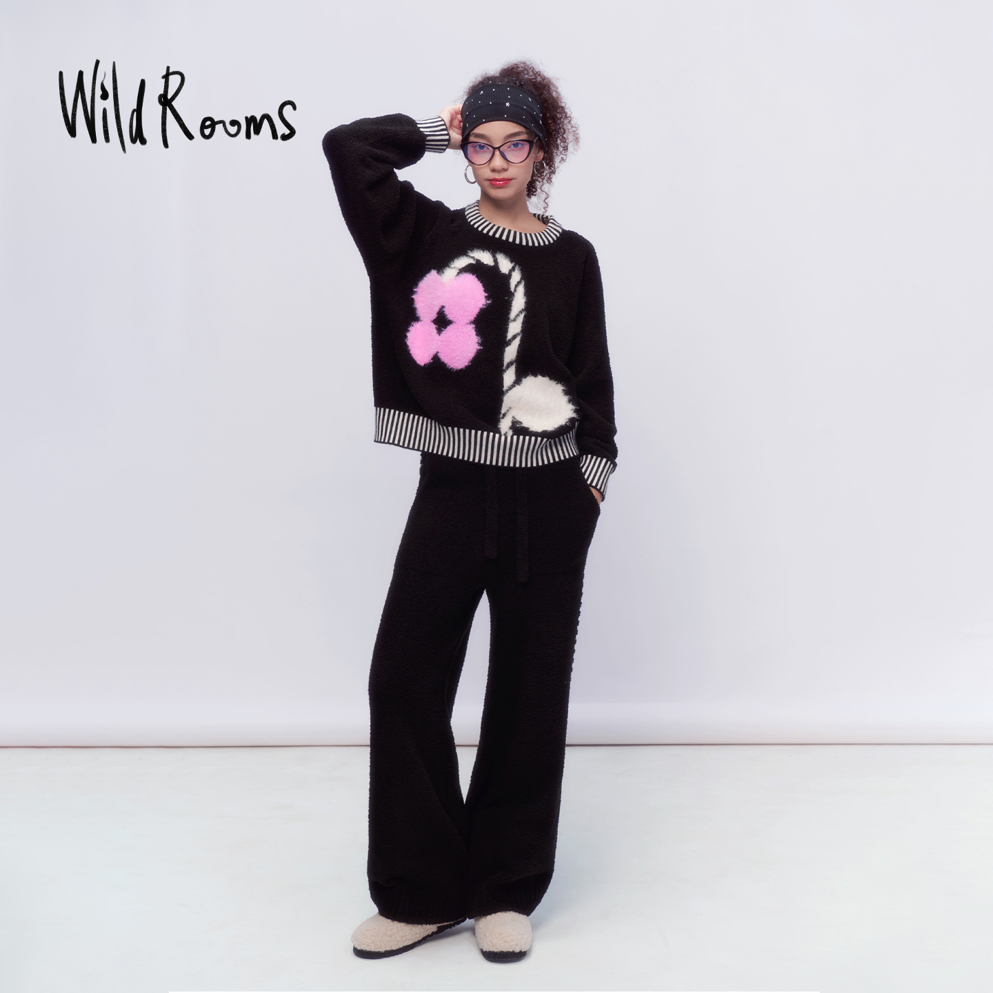 WildRooms黑色套头家居服睡衣套装半边绒圆领可外穿时尚