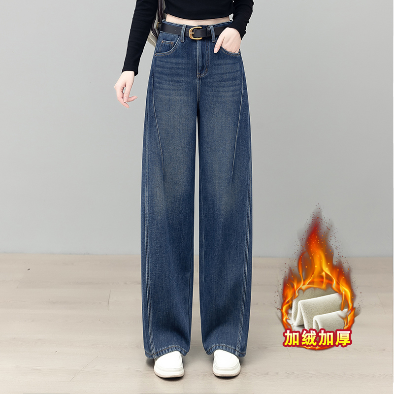 歌哥弟阿玛弯刀牛仔裤女冬阔腿裤加绒加厚女裤窄版高腰休闲直筒裤