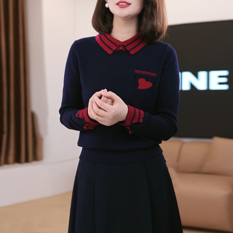 方领藏青色刺绣撞色长袖百搭针织衫女士秋冬新款宽松显瘦减龄上衣