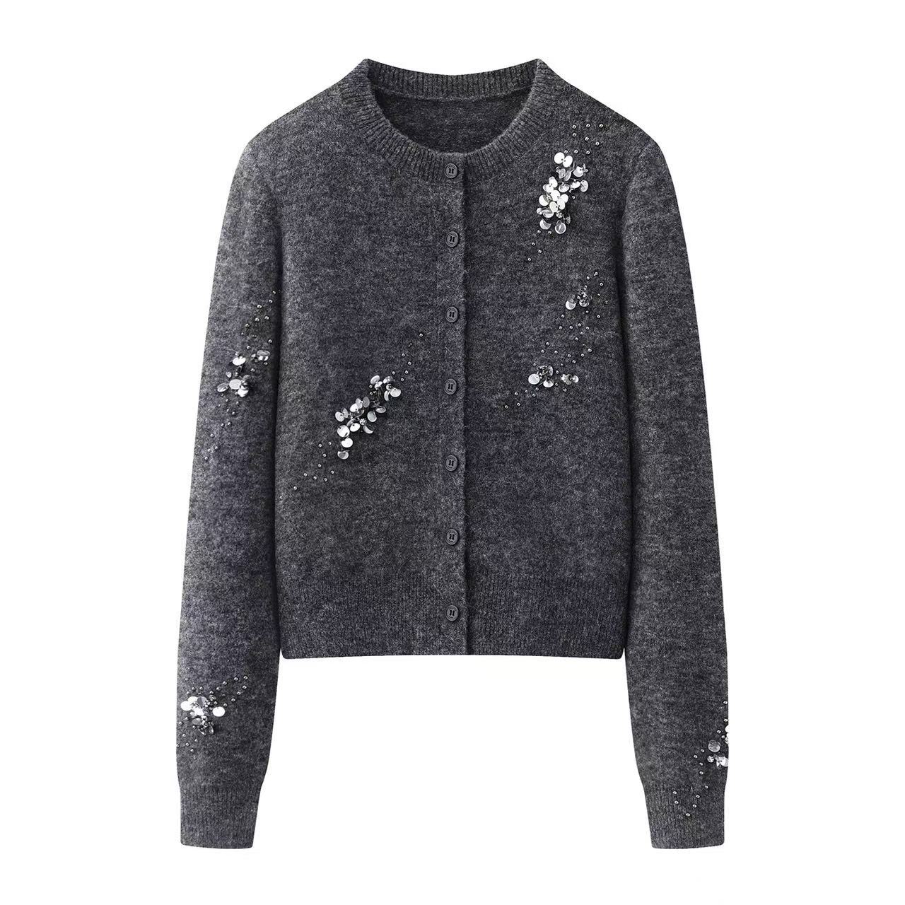 艾家新款休闲风时尚套装开衫时尚圆领长袖秋冬灰色气质秋季4113