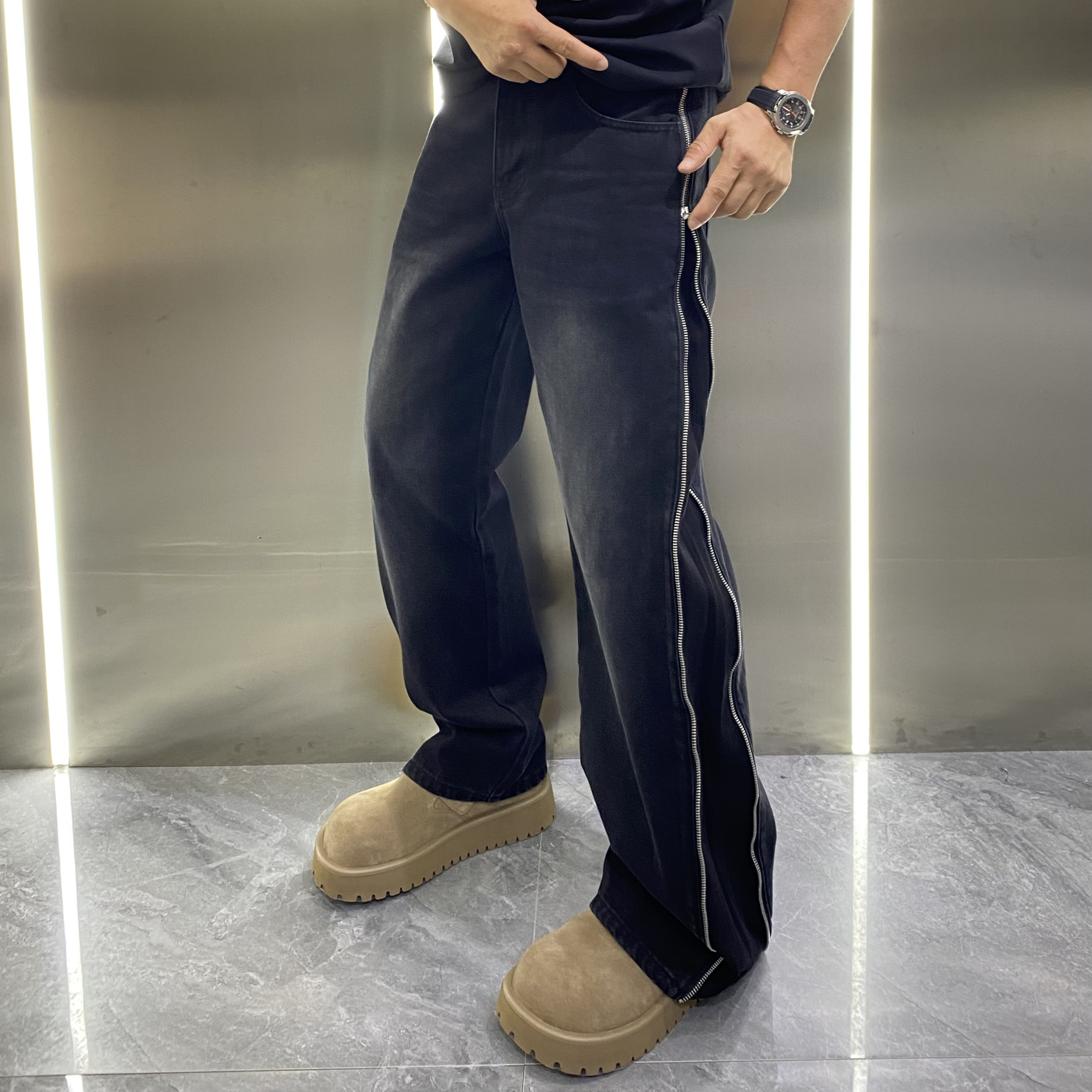 美式高街复古拉链中直筒微宽松牛仔裤痞帅个性潮流设计感百搭长裤