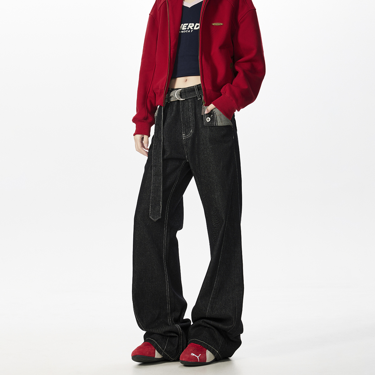 嗳唯兮长裤拼接拉链常规款中高腰男士牛仔裤潮流高腰百搭休闲长裤