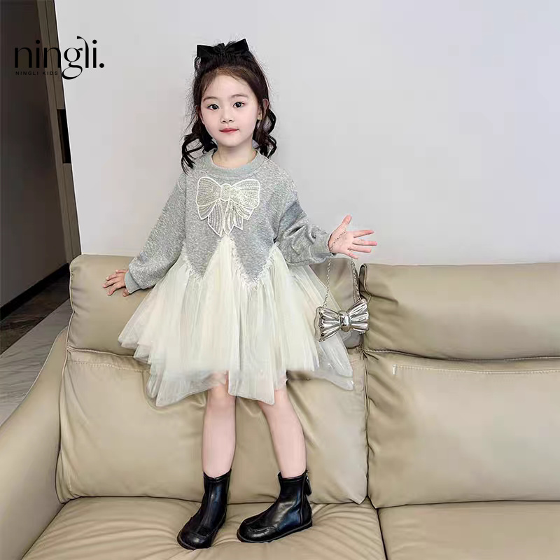 女童春装连衣裙新款洋气公主裙宝宝网纱拼接卫衣裙子春秋