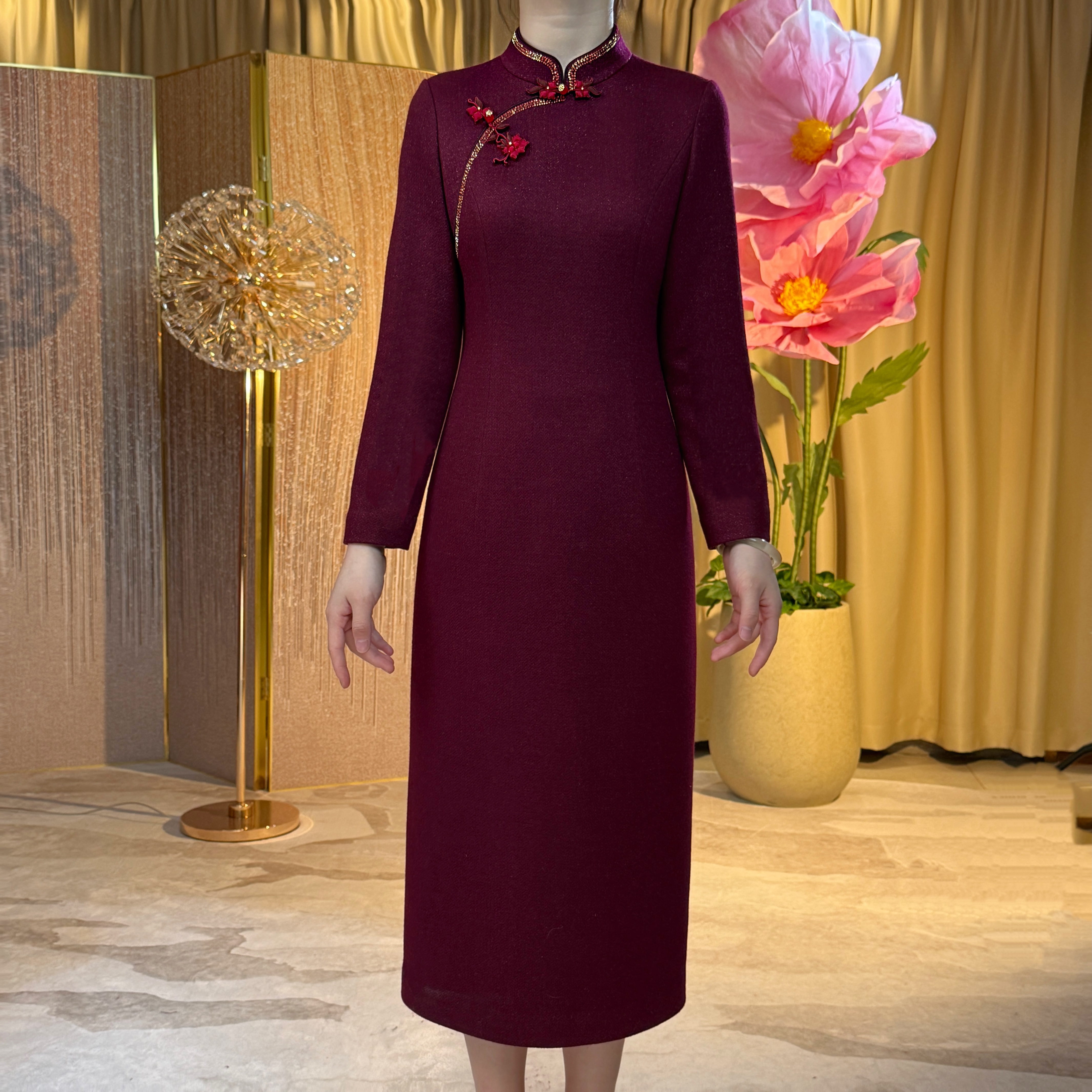 28181喜婆婆礼服连衣裙红色气质显瘦2025冬季新款羊毛连衣裙