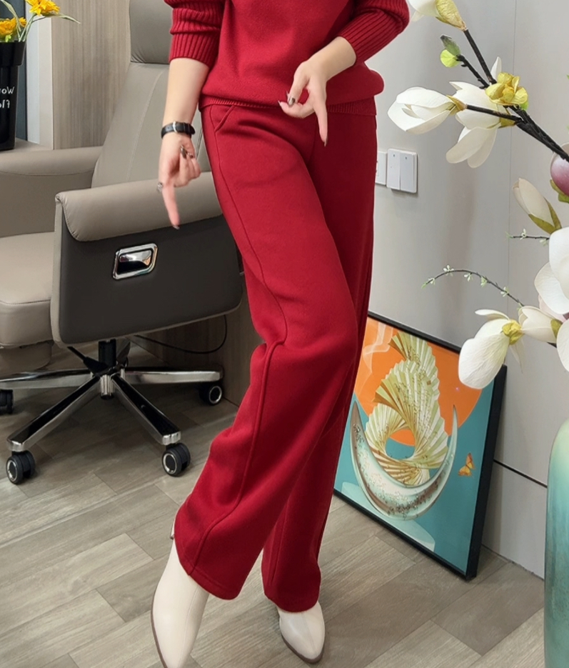 高腰纯色秋冬春秋厚款微弹阔腿裤时尚休闲裤红色运动长裤97020