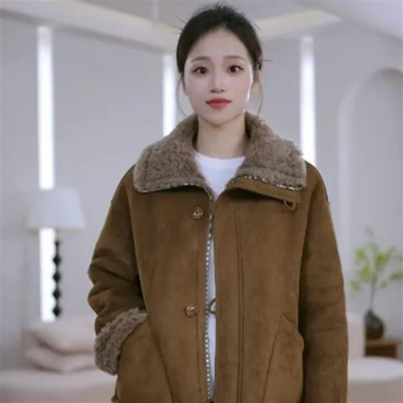 两面穿毛绒短外套女冬季设计感宽松立领保暖皮毛一体加绒夹克上衣