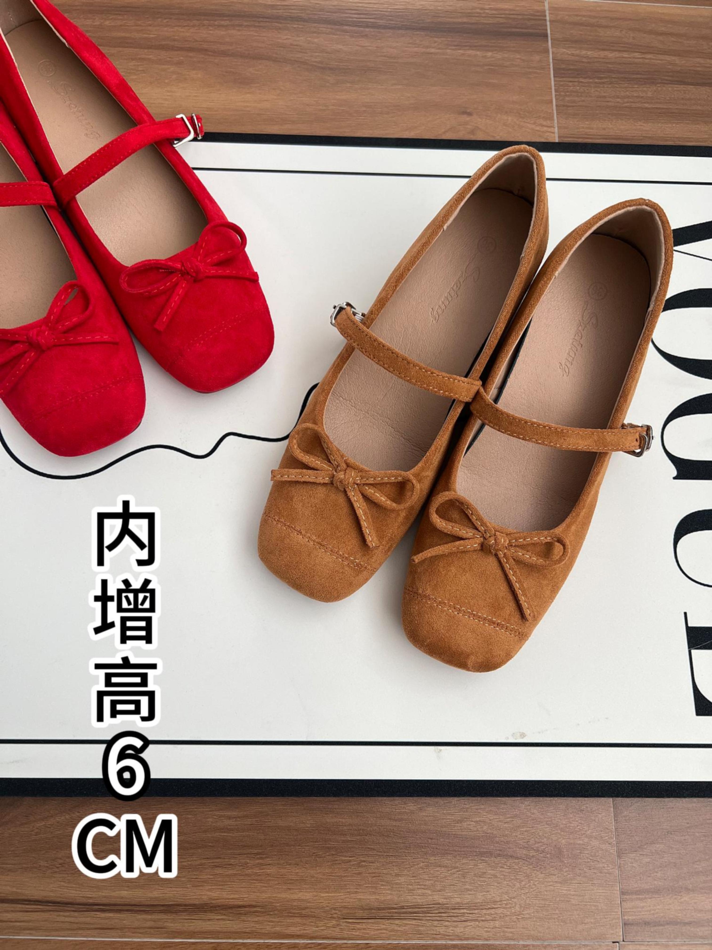 复古小个子内增高6cm方头蝴蝶结玛丽珍鞋女新款浅口气质粗跟单鞋