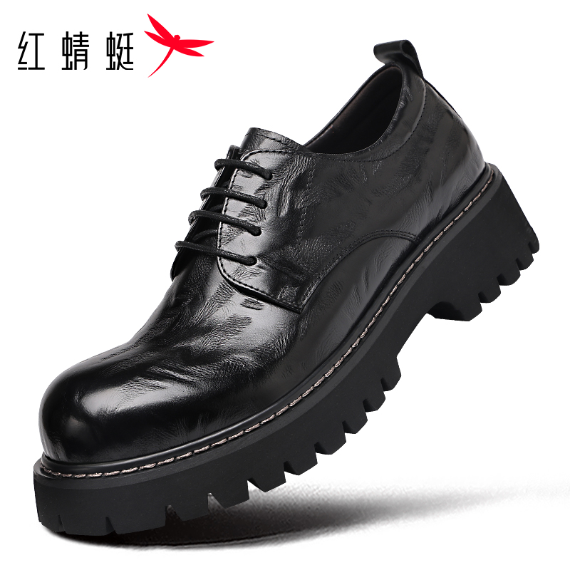 红蜻蜓冬款大头皮鞋英伦风头层牛皮真皮休闲增高通勤厚底鞋韩版潮