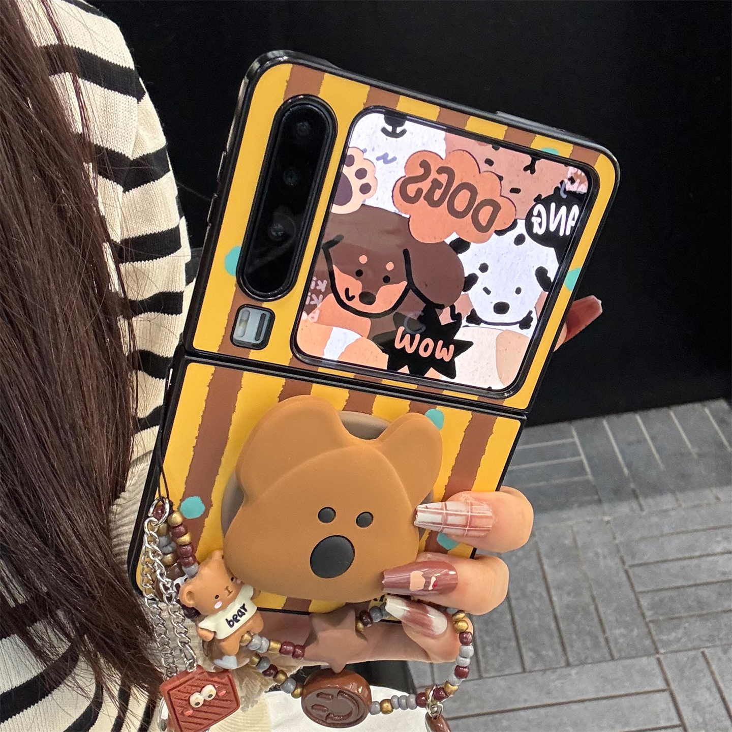 适用华为purax折叠屏手机壳棕色条纹pocket2可爱棕色小熊磁吸支架