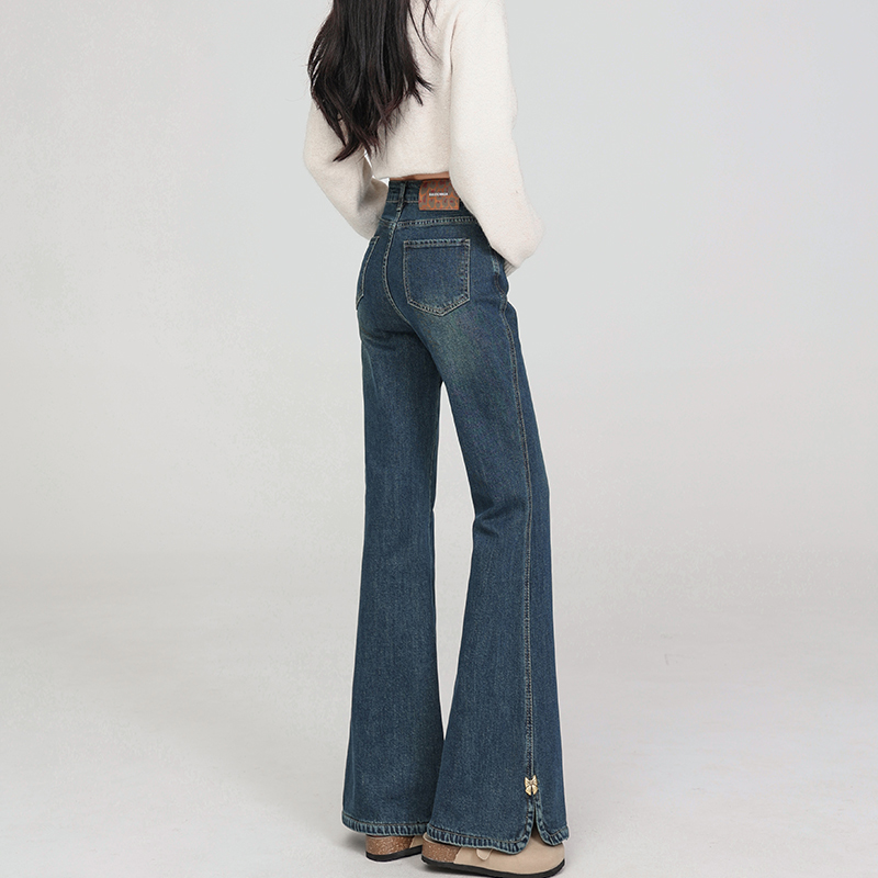 复古不贴腿开叉微喇叭裤牛仔裤女秋季2025年新款大码设计感马蹄裤