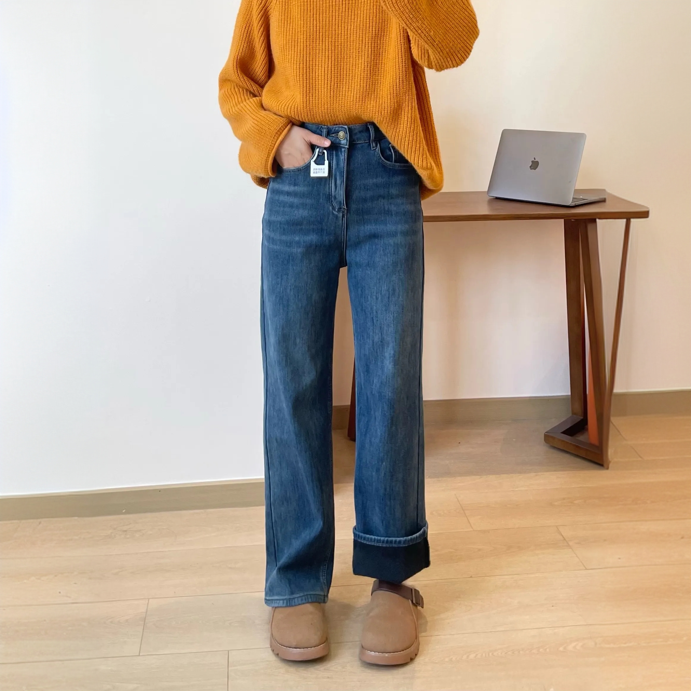 秋季新款窄版直筒牛仔裤女大码微胖弹力梨形身材牛仔裤女胖mm显瘦