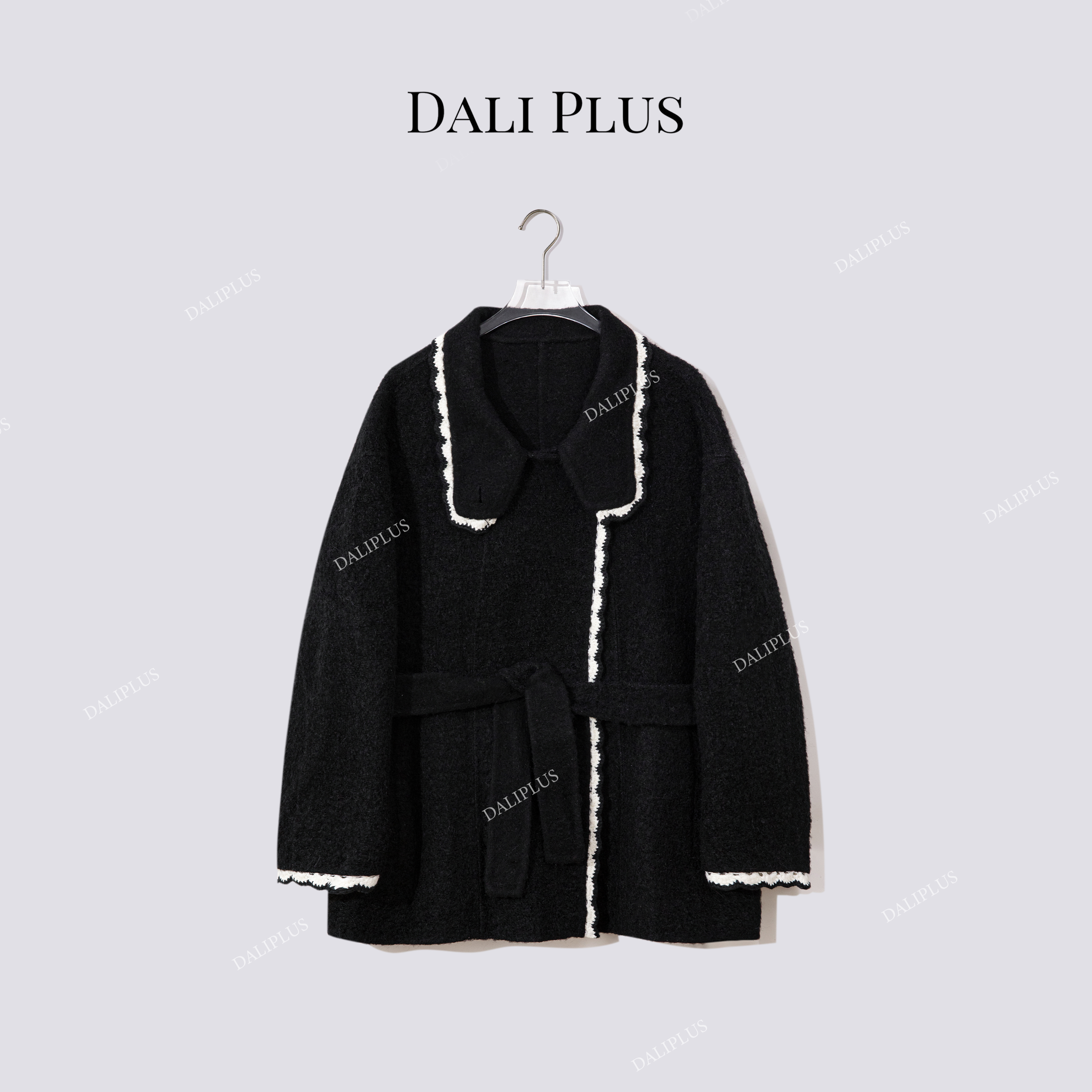 DALI PLUS【黑苏力羊驼圈圈毛+澳毛】撞色花边双面呢-D5CK2121-1