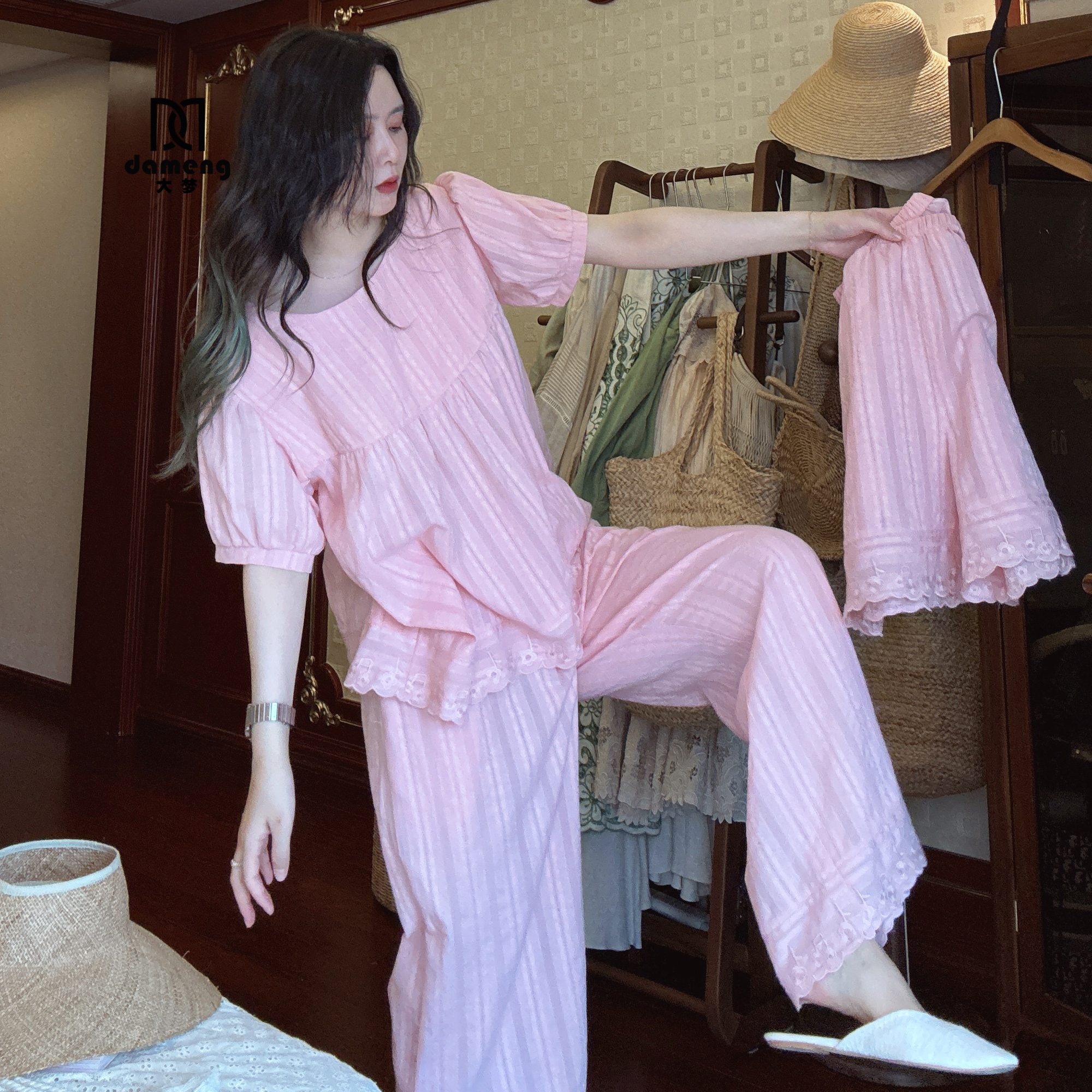 夏季纯棉睡衣女套装短袖短裤长裤粉色梭织宽松蕾丝法式夏天家居服