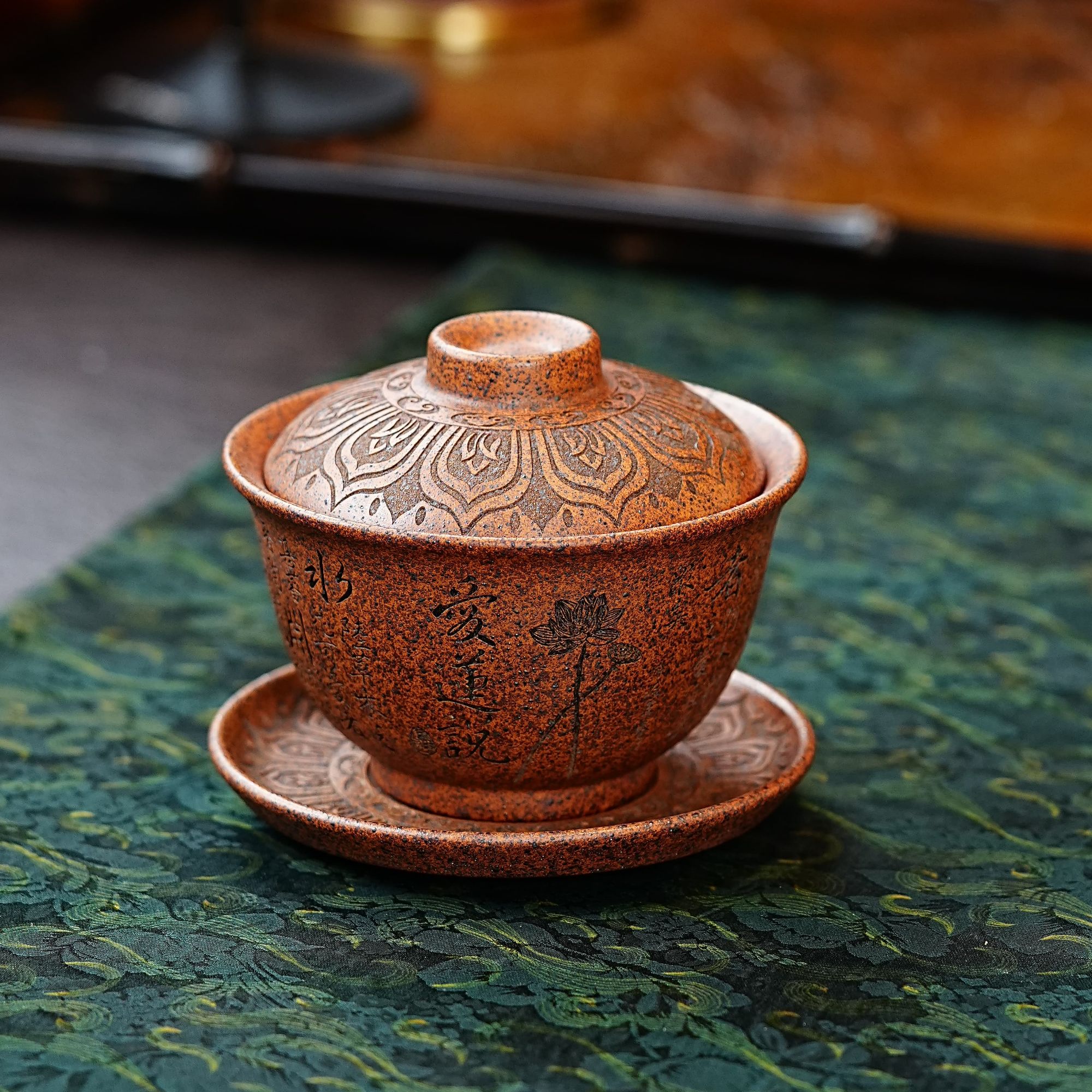 宜兴正宗紫砂龙骨金砂柴烧爱莲说刻绘高档盖碗茶具泡茶利器