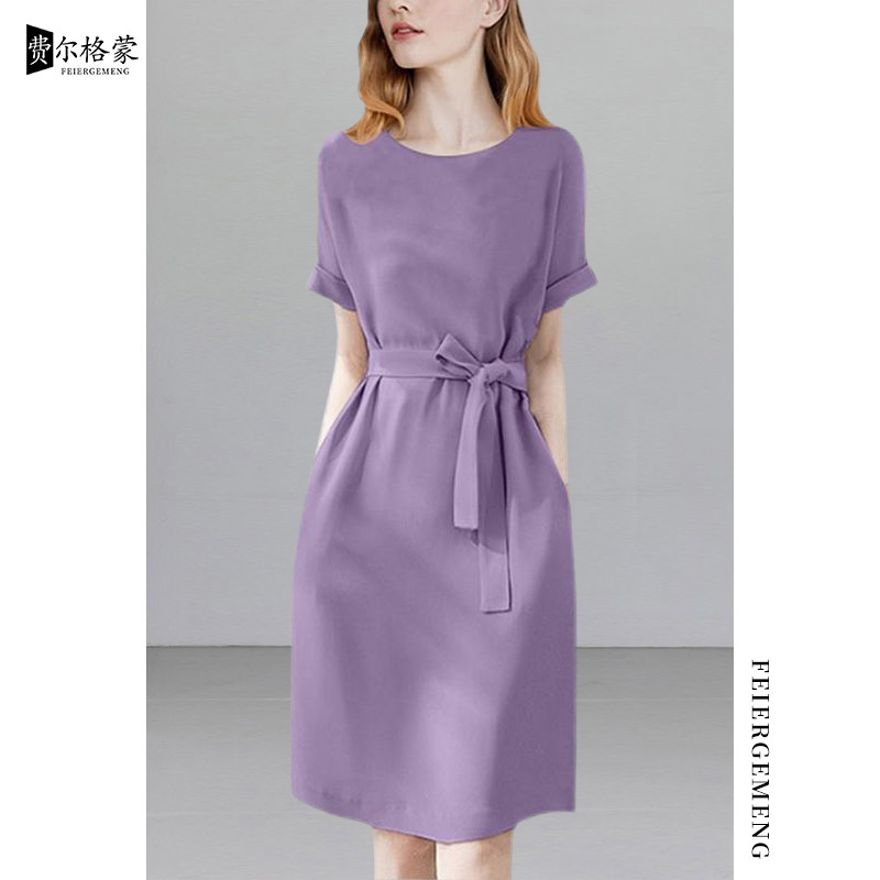 法式轻奢紫色系带连衣裙圆领爆款优雅收腰显瘦名媛气质中长裙