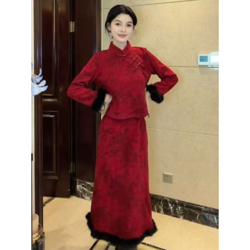 球球夫人丨锦鲤）冬季加绒订婚敬酒旗袍单层长袖全开襟旗袍两件套