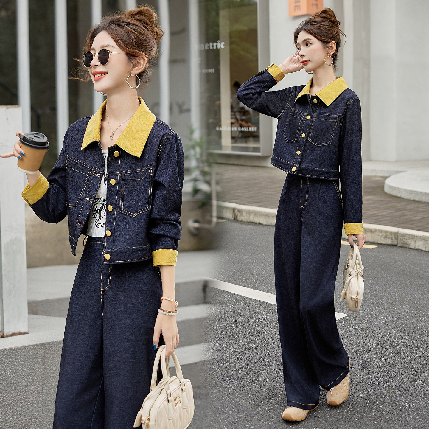 撞色时髦牛仔套装女2025秋季新款休闲减龄垂感短外套阔腿裤两件套