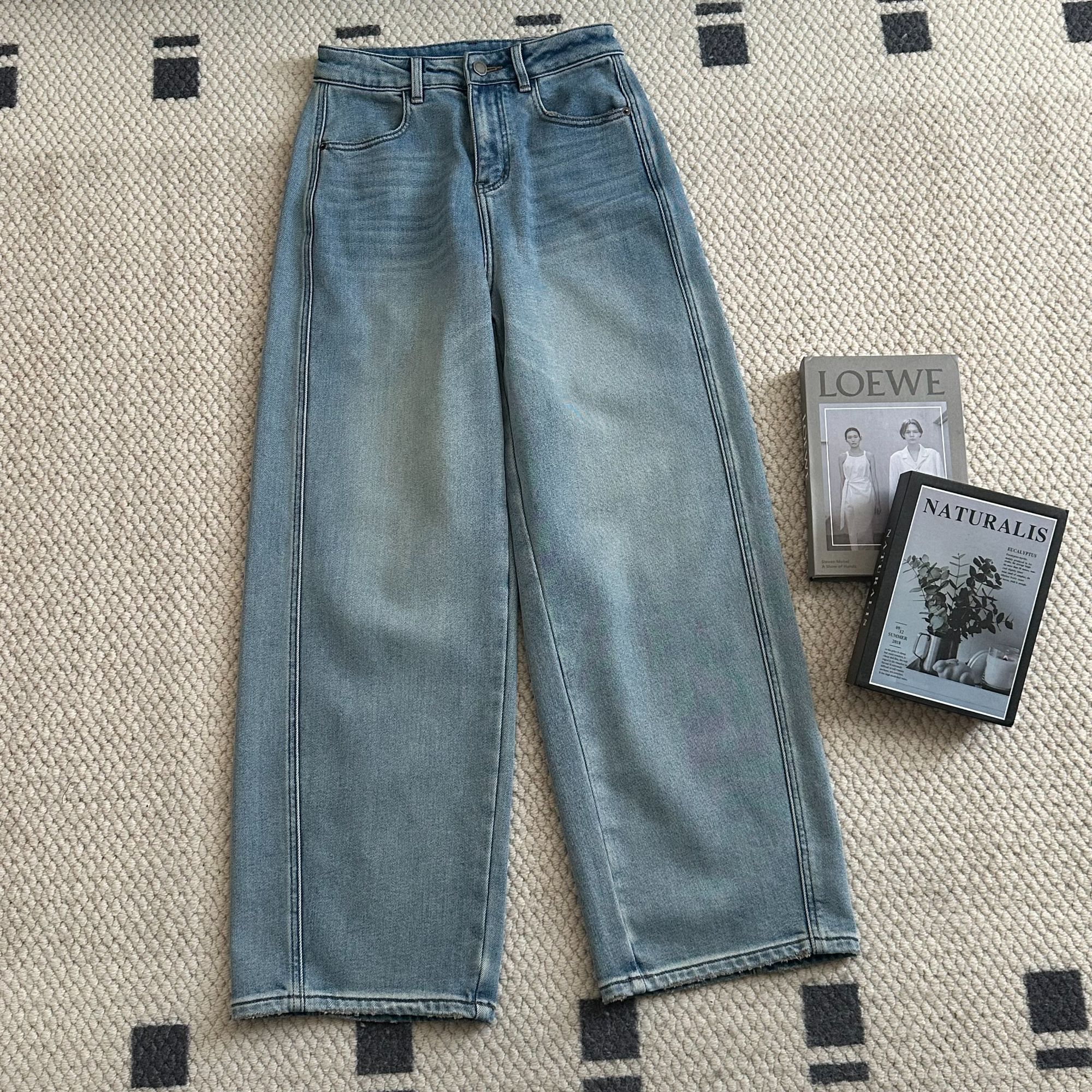 【米可家】自留款冬季加厚植绒内里浅蓝色牛仔弯刀裤8870-2