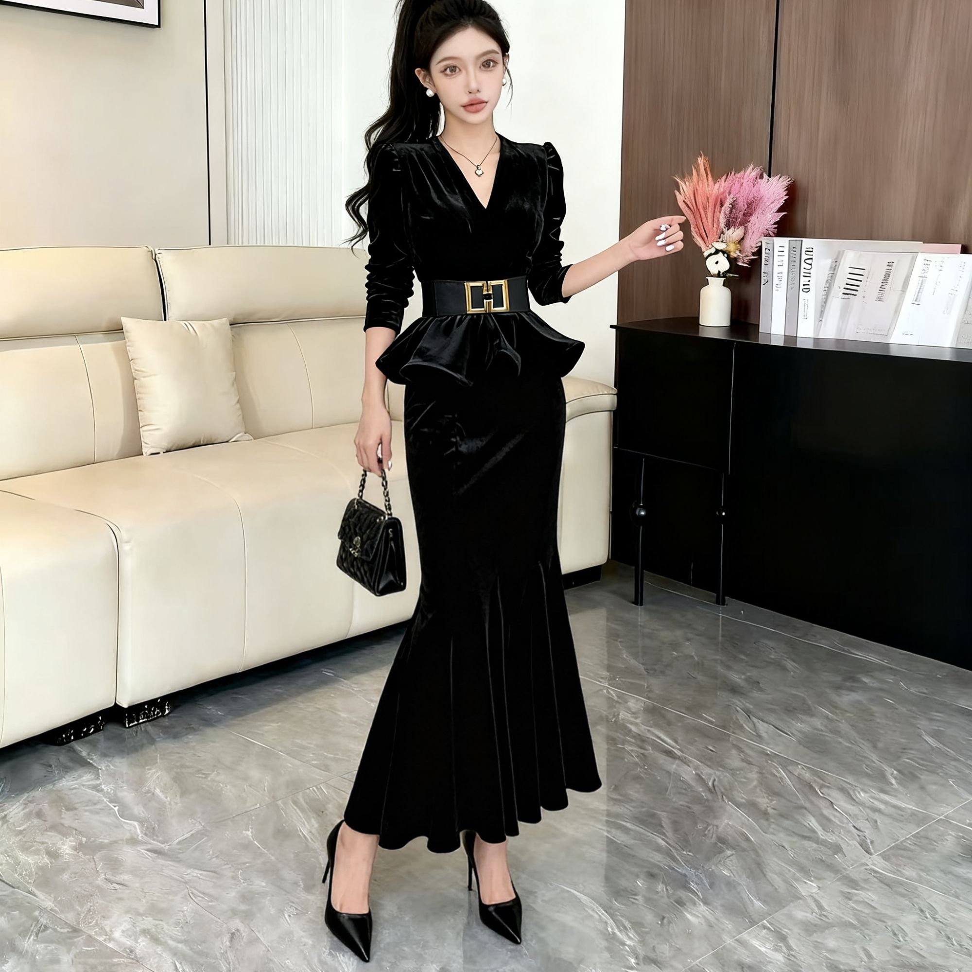 金丝绒轻奢套装裙秋冬新款高端精致收腰显瘦气质包臀鱼尾裙8992#