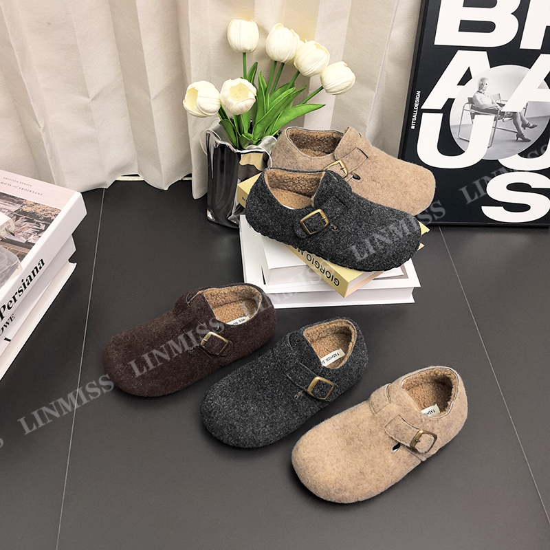 复古圆头毛毡加绒勃肯鞋女加绒秋冬季一脚蹬保暖棉瓢鞋毛呢乐福鞋