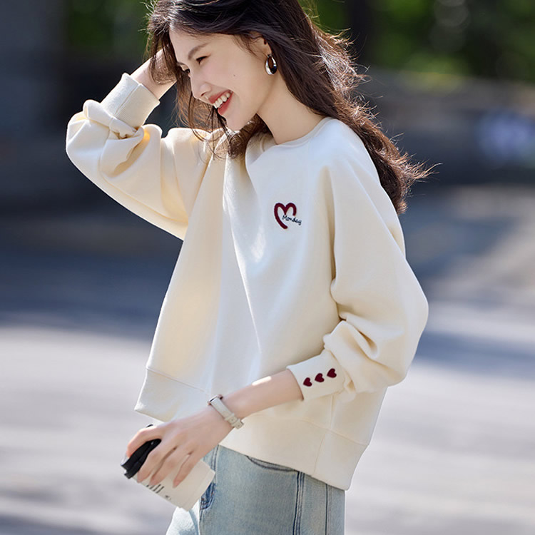 春秋新款含棉刺绣圆领卫衣女宽松慵懒风百搭插肩袖设计感长袖上衣
