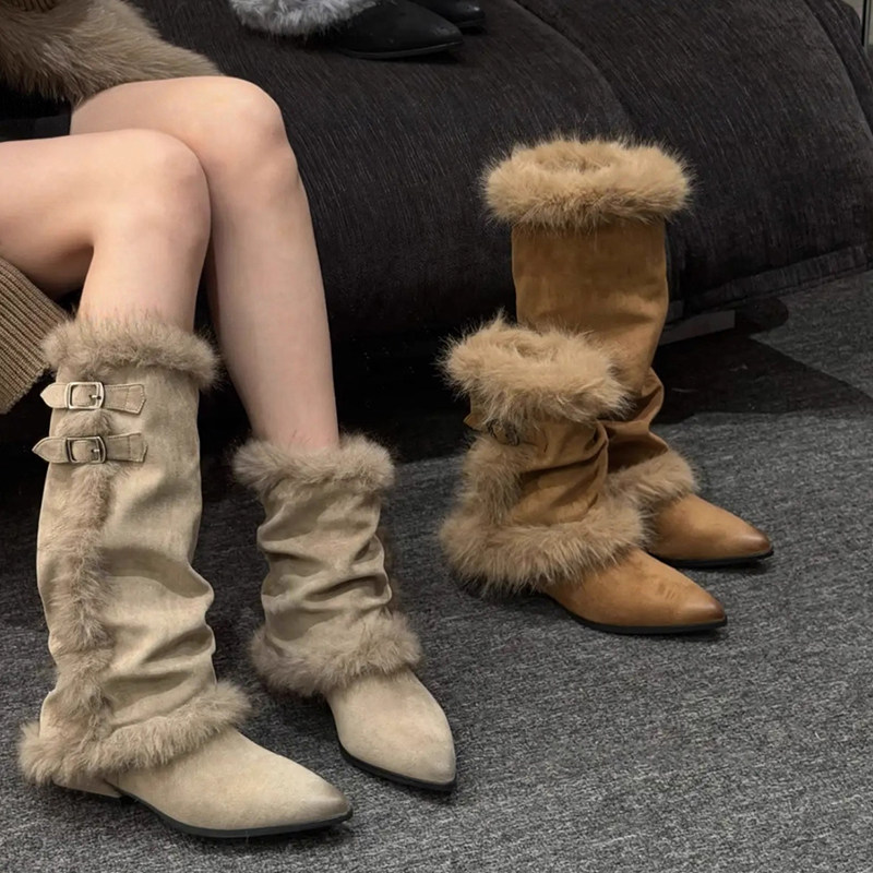 2025年冬季新款长筒靴雪地靴女加绒尖头高筒靴靴子保暖冬季棉鞋女