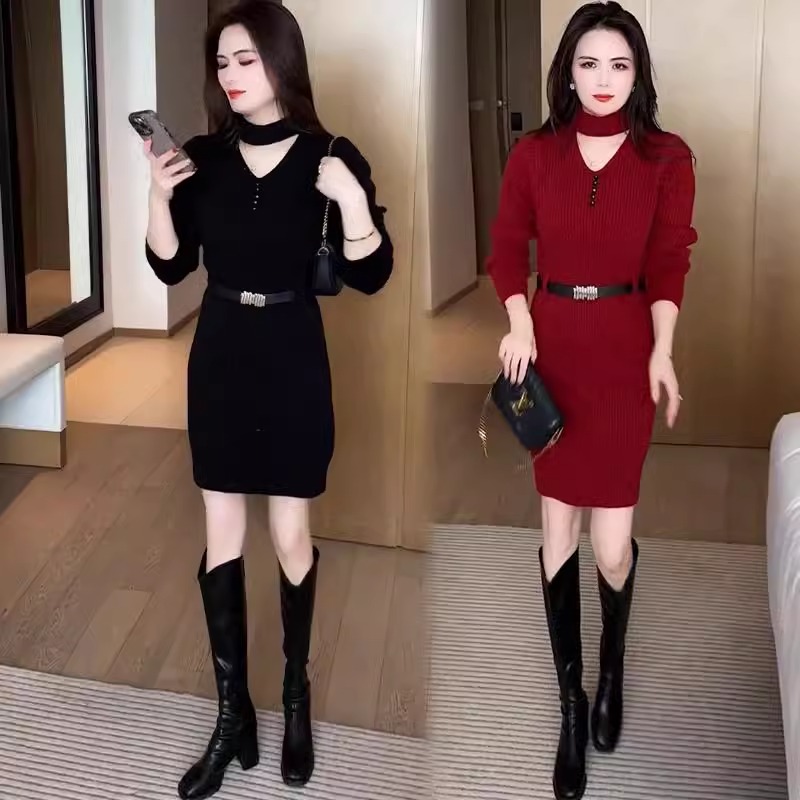 时尚针织包臀裙女2025春秋新款洋气显瘦中长款收腰打底毛衣裙子潮