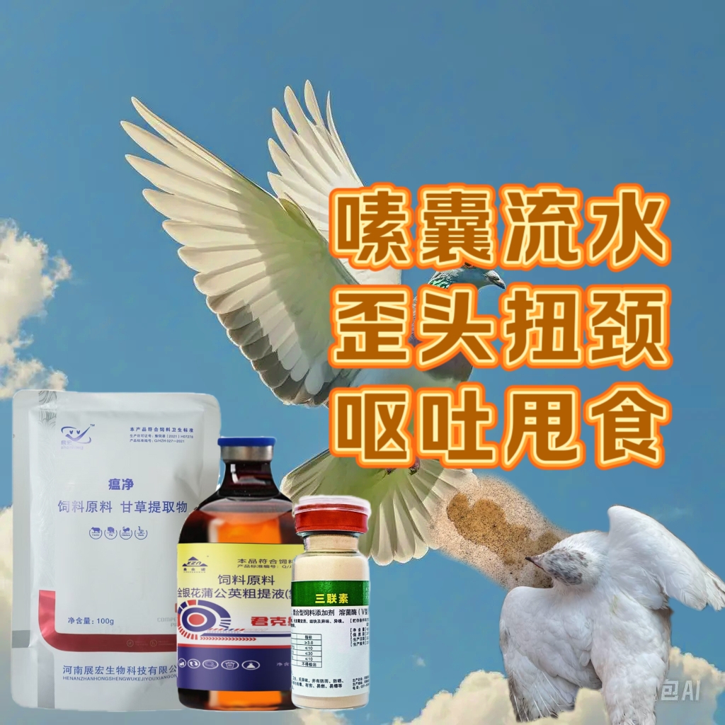 瘟净+君克星+三联素套餐:针对鸽鸟嗉囊流水歪头扭颈呕吐甩食